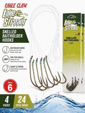 4 Packs Of 6 Eagle Claw Lake & Stream Snelled Baitholder Hooks Size 6 - 24 Total